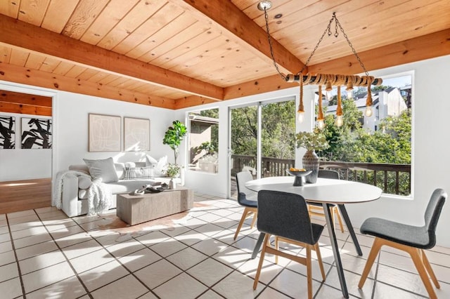 sunroom with beam ceiling, a healthy amount of sunlight, and wooden ceiling