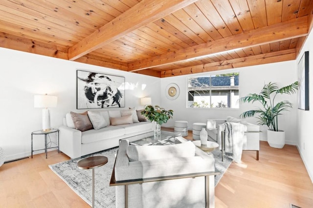 living room with light hardwood / wood-style floors, wooden ceiling, and beamed ceiling