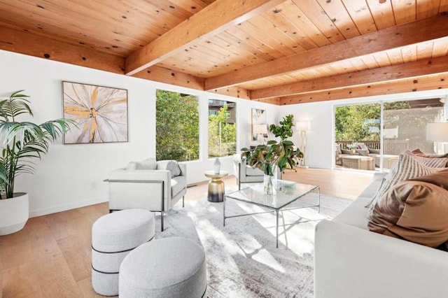 living room with wood ceiling, beam ceiling, and light hardwood / wood-style flooring