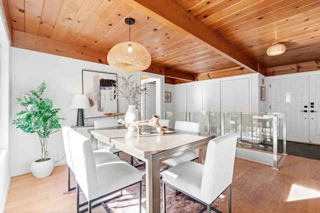 dining room with light wood-type flooring, wood ceiling, and beamed ceiling