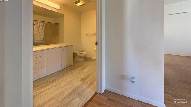 bathroom featuring toilet, vanity, and wood-type flooring