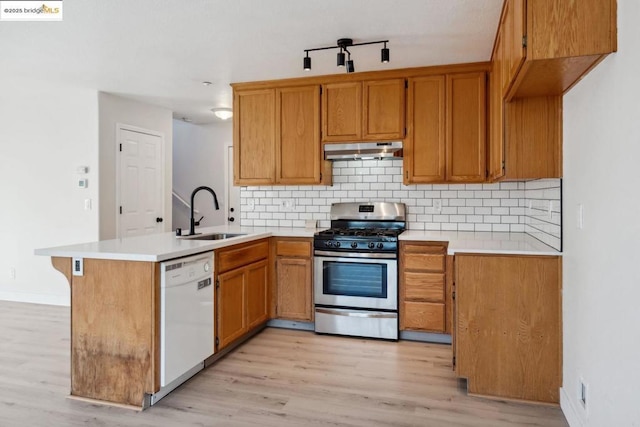 kitchen with light hardwood / wood-style floors, dishwasher, stainless steel gas range, sink, and kitchen peninsula