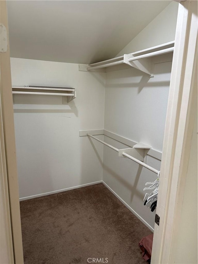 walk in closet featuring dark carpet and lofted ceiling