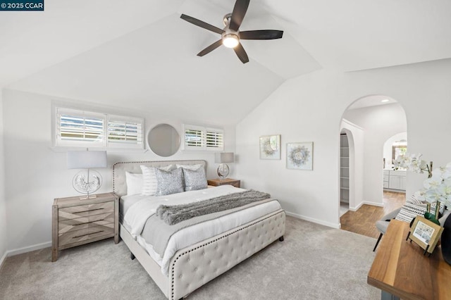 bedroom with ceiling fan and lofted ceiling