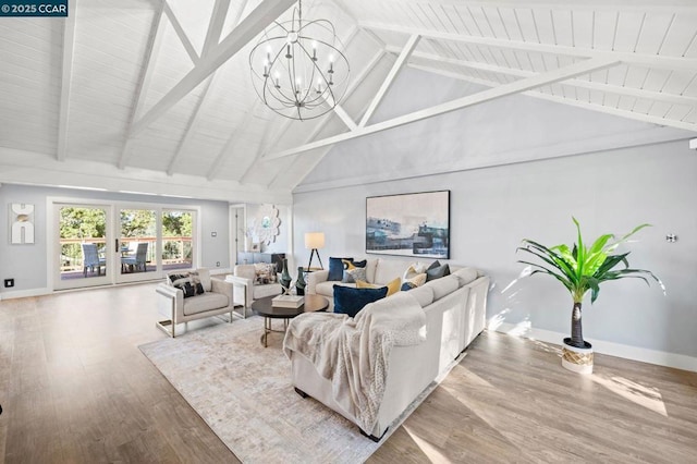 living room with high vaulted ceiling, a chandelier, hardwood / wood-style flooring, and beamed ceiling