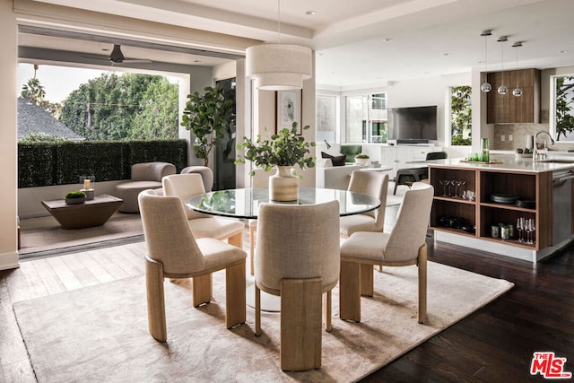 dining space with ceiling fan, sink, and hardwood / wood-style floors