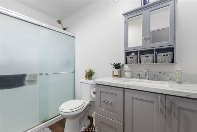 bathroom with vanity, toilet, wood-type flooring, and a shower with door