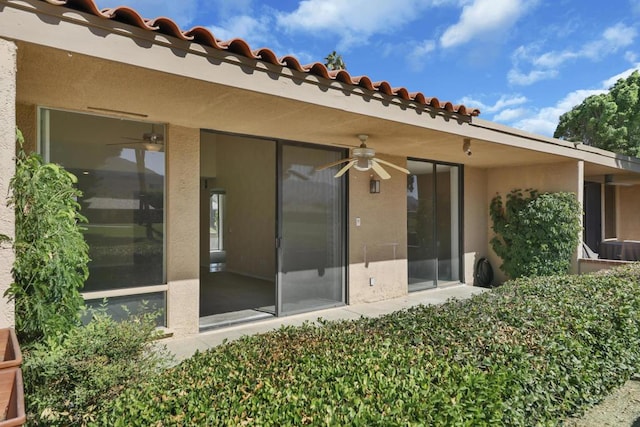 back of property featuring ceiling fan