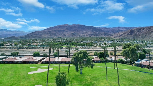 view of home's community with a mountain view and a yard