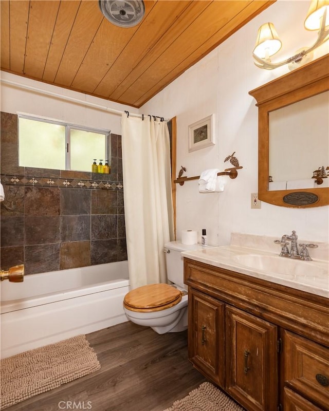 full bathroom featuring toilet, vanity, shower / bath combo, hardwood / wood-style floors, and wood ceiling