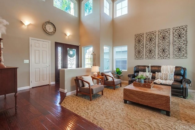 living room featuring a high ceiling and hardwood / wood-style flooring