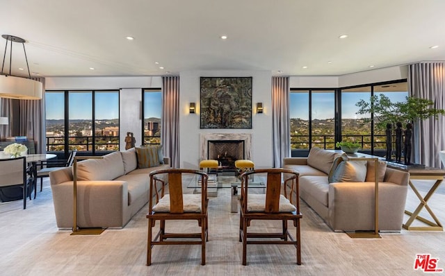 living room with light hardwood / wood-style floors and a fireplace