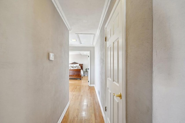 hallway featuring crown molding and light hardwood / wood-style floors