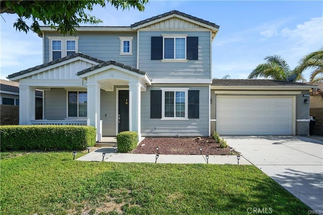 view of front of property with driveway, a garage, a front lawn, and board and batten siding