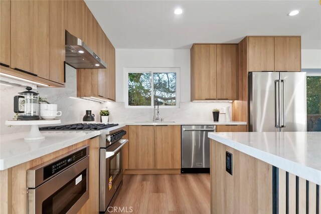 kitchen with light hardwood / wood-style floors, appliances with stainless steel finishes, decorative backsplash, wall chimney range hood, and sink