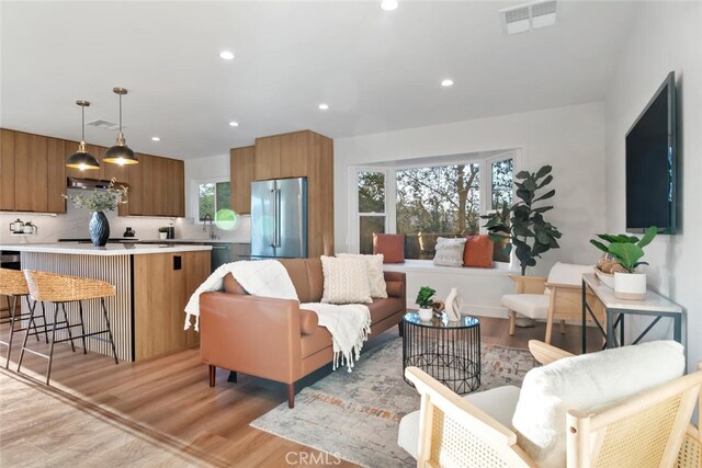 living room featuring sink and light wood-type flooring