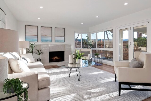 living room featuring hardwood / wood-style floors and a fireplace