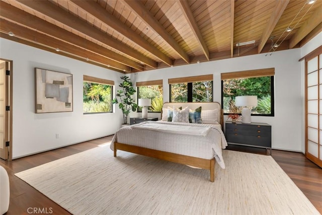 bedroom featuring wooden ceiling, dark hardwood / wood-style floors, and beamed ceiling