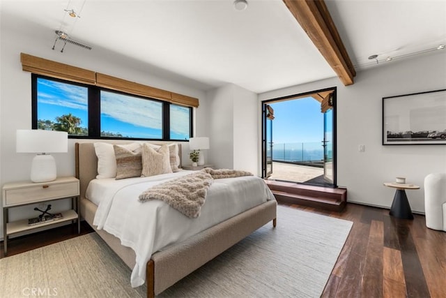 bedroom featuring beam ceiling, access to outside, and dark wood-type flooring