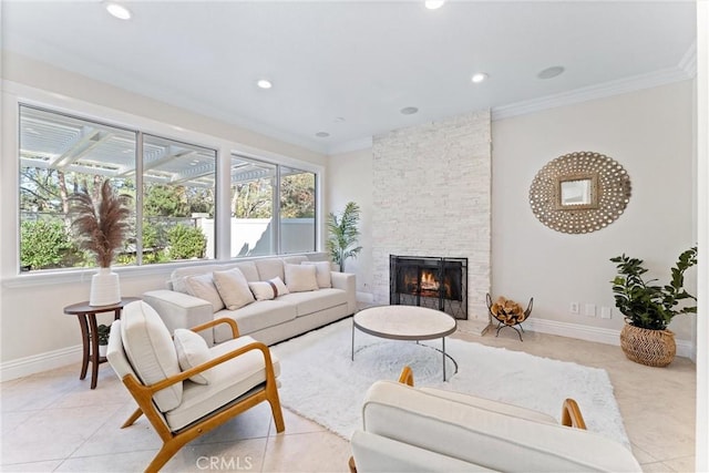 tiled living room with a stone fireplace and crown molding