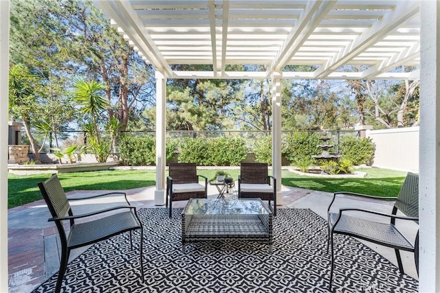 view of patio / terrace featuring an outdoor living space and a pergola