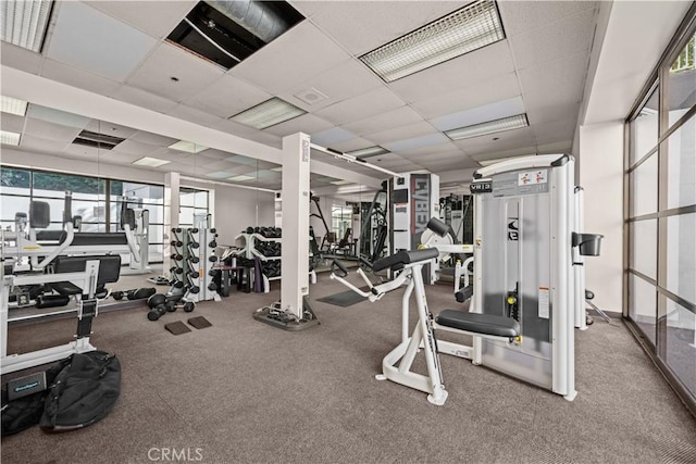 workout area featuring a drop ceiling