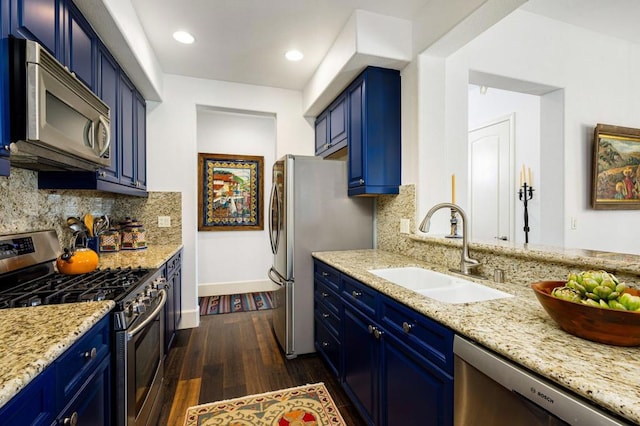 kitchen with blue cabinetry, backsplash, sink, and stainless steel appliances