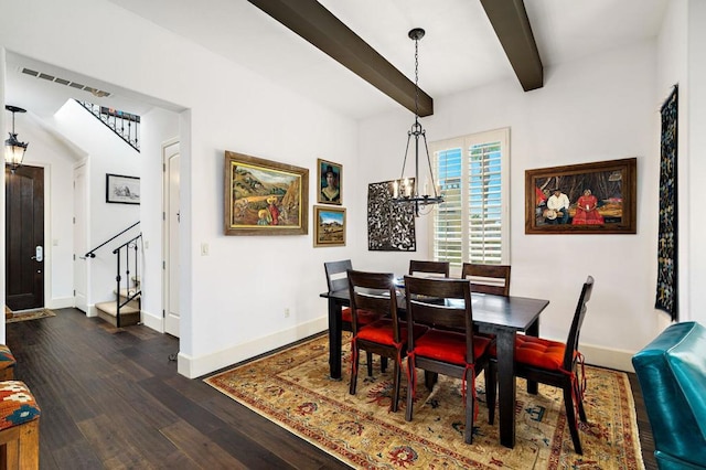 dining room featuring a chandelier, beam ceiling, and dark hardwood / wood-style floors