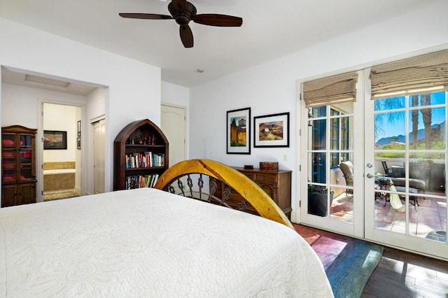 bedroom featuring hardwood / wood-style floors, ceiling fan, access to outside, ensuite bath, and french doors