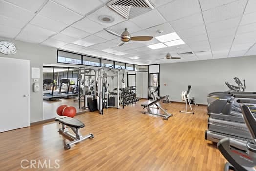 gym with ceiling fan and hardwood / wood-style floors