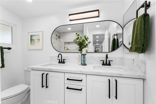 bathroom with toilet, vanity, and walk in shower