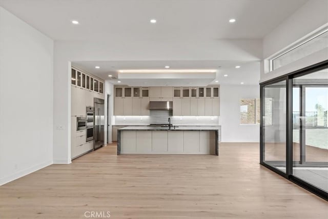 kitchen featuring sink, decorative backsplash, light hardwood / wood-style floors, and an island with sink