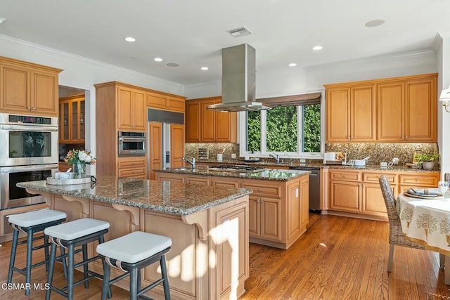 kitchen featuring appliances with stainless steel finishes, light wood-type flooring, ornamental molding, a kitchen island, and island range hood