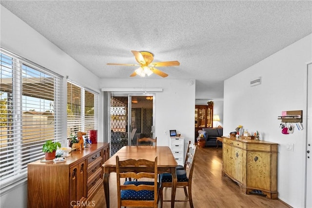 dining room featuring wood-type flooring, ceiling fan, and a textured ceiling