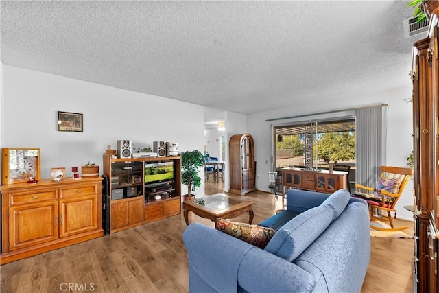 living room featuring light hardwood / wood-style floors and a textured ceiling