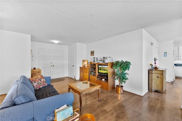 living room featuring hardwood / wood-style floors and a textured ceiling