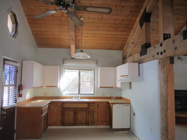 kitchen featuring wooden ceiling, sink, a wealth of natural light, and high vaulted ceiling