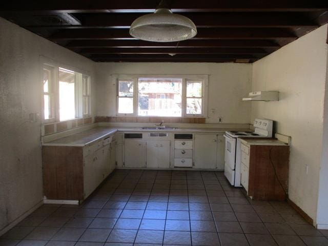 kitchen with white cabinets, white electric range, plenty of natural light, and sink