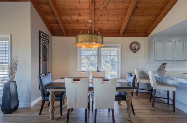 dining room featuring wood ceiling, lofted ceiling with beams, and hardwood / wood-style flooring