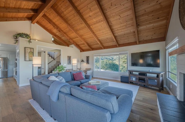 living room featuring beam ceiling, hardwood / wood-style floors, and wood ceiling