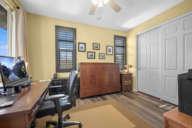 office area with ceiling fan and light hardwood / wood-style floors