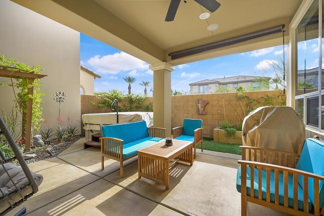 view of patio / terrace featuring ceiling fan and outdoor lounge area