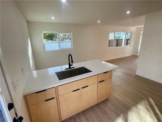 kitchen with light brown cabinetry, sink, and light hardwood / wood-style floors