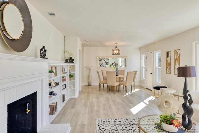 living room featuring light hardwood / wood-style floors and a fireplace