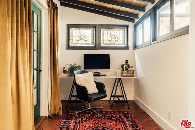 office featuring wooden ceiling, tile patterned flooring, and vaulted ceiling with beams