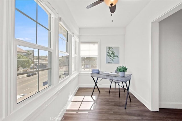 office area with ceiling fan and dark hardwood / wood-style flooring