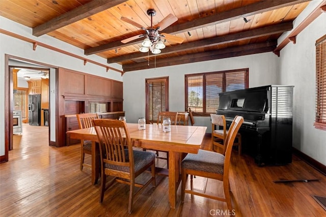 dining room with ceiling fan, wood ceiling, beam ceiling, and hardwood / wood-style flooring