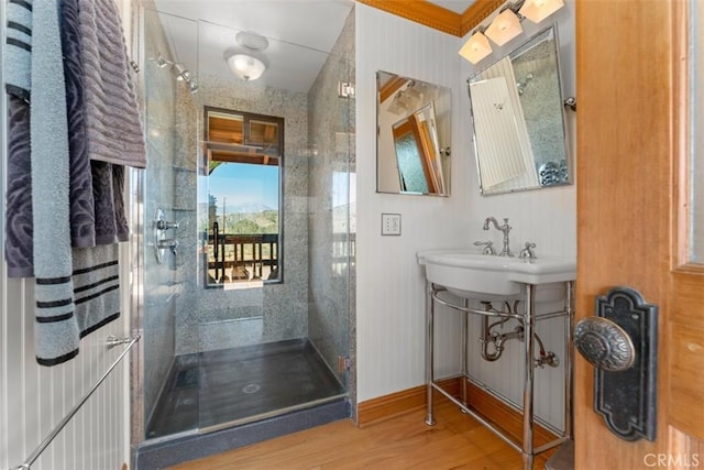 bathroom featuring sink, a shower with door, and hardwood / wood-style flooring