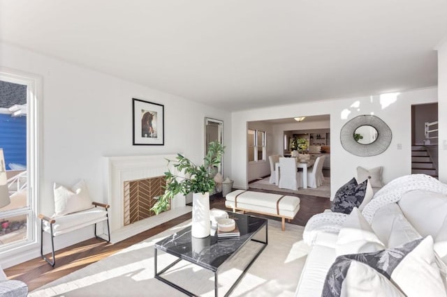 living room featuring a fireplace and hardwood / wood-style floors