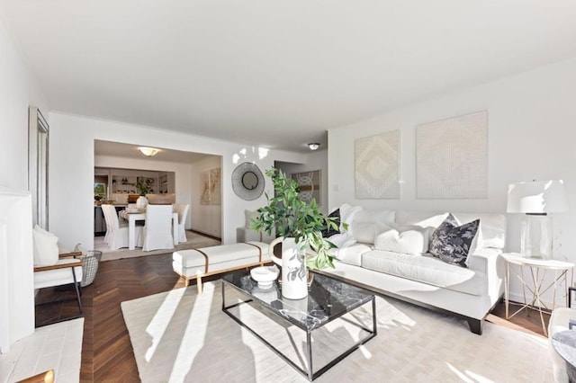 living room with parquet flooring